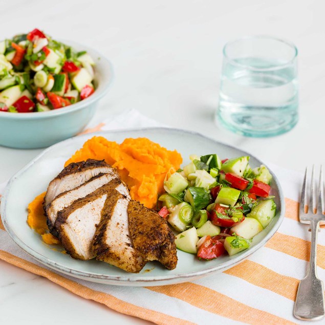 Sumac Pork Sirloin with Kumara Mash and Chilli Apple Salsa