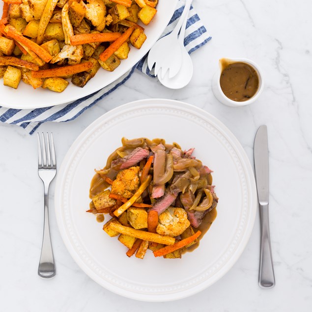 Beef Steak with Roast Veggies and Onion Gravy