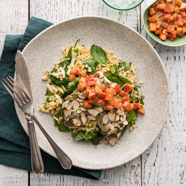 Pesto Almond Fish with Pearl Couscous & Tomato Basil Dressing