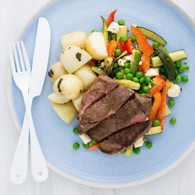 Lamb Steaks with Baby Potatoes and Pea Salad