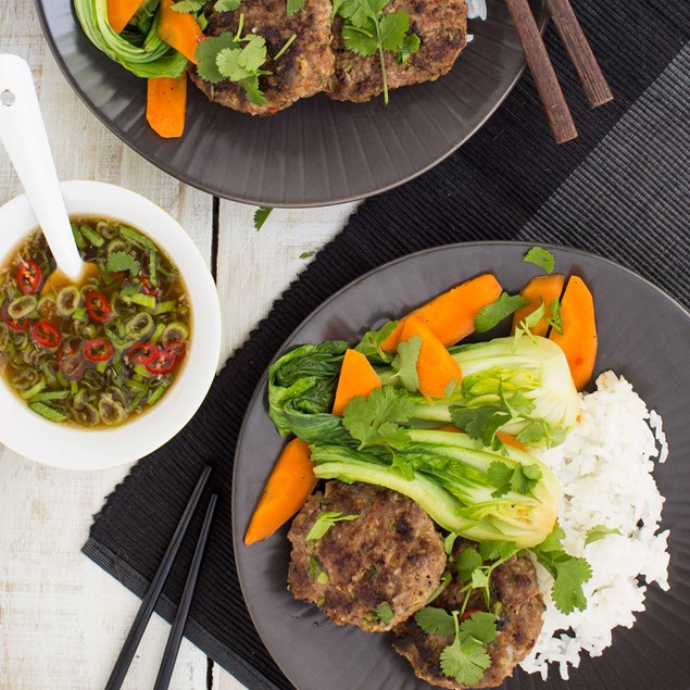 Thai Lemongrass Beef Patties with Rice and Vegetables