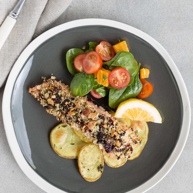 Salmon with Cranberry Almond Crust, Potatoes and Salad