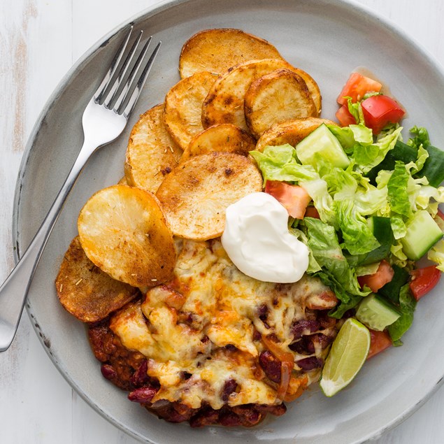 Cheesy Mexican Beans with Potato dippers and Lime Sour Cream