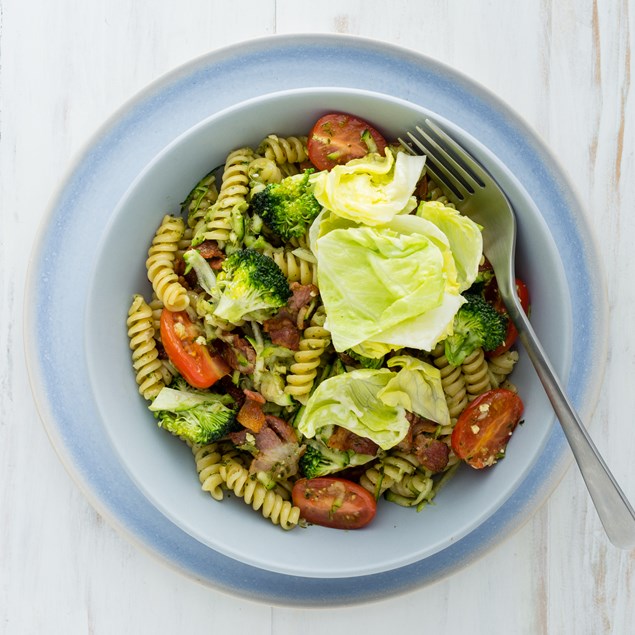 Bacon and Basil Pesto Pasta with Caesar Salad