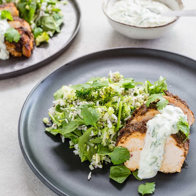 Harissa-Baked Chicken with Chia Broccoli Rice and Coriander Tzatziki