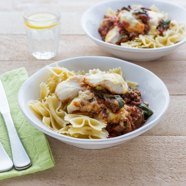 Cheesy Tomato Fish Bake with Pasta