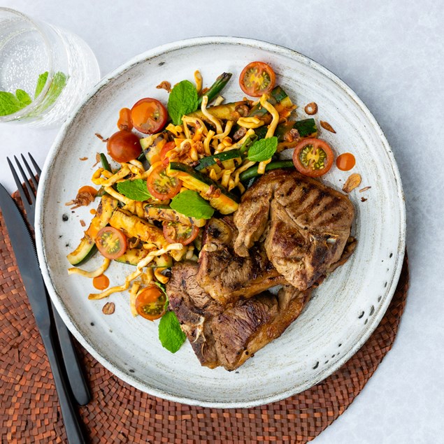 Grilled Lamb Chops with Thai Crispy Noodle Salad