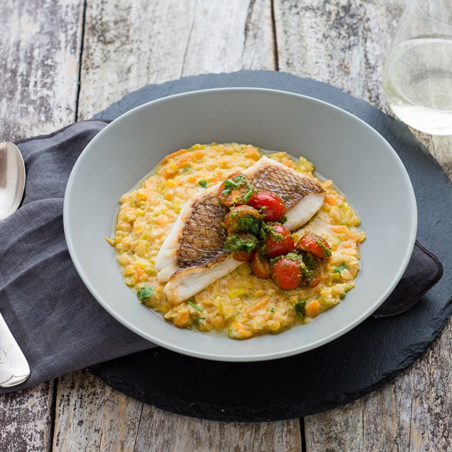 Pan-Fried Fish with Lentil Risotto and Tomato Chimichurri