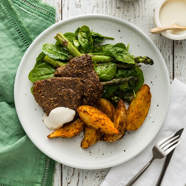 Zaatar Beef Steaks with Potato Wedges & Asparagus Salad