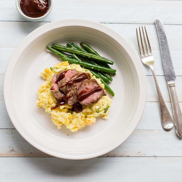 BBQ Lamb Steaks with Cheesy Potato Mash and Garlic Beans