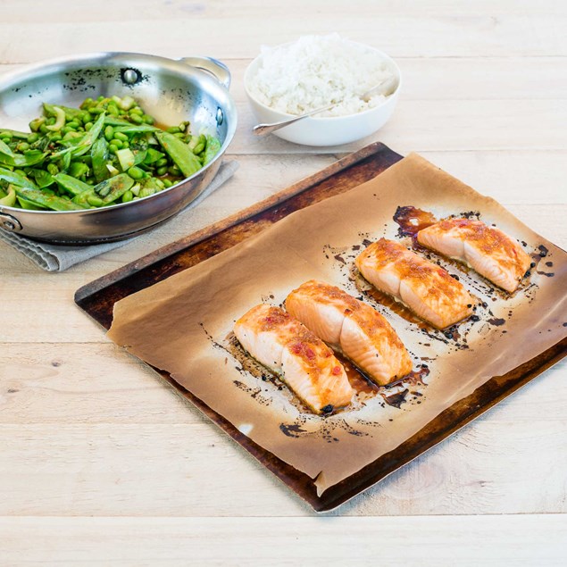 Honey Soy Glazed Salmon with Coconut and Ginger Rice and Stir-Fried Vegetables