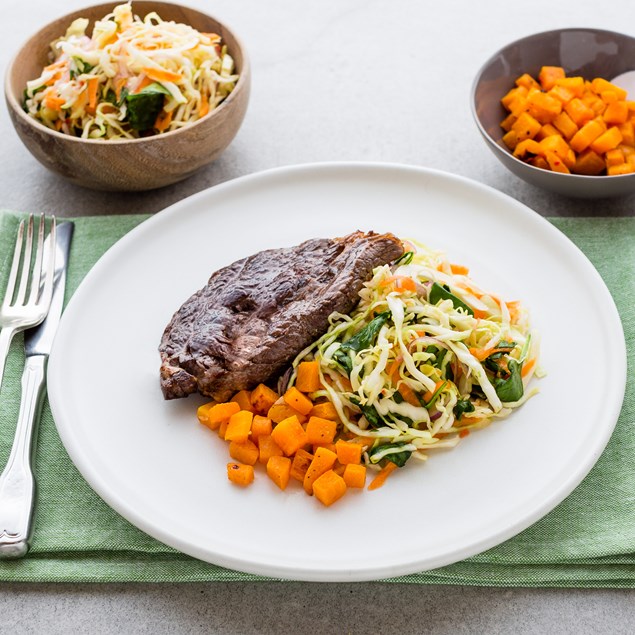 Beef Scotch Fillet with Asian Cabbage Slaw and Roast Pumpkin