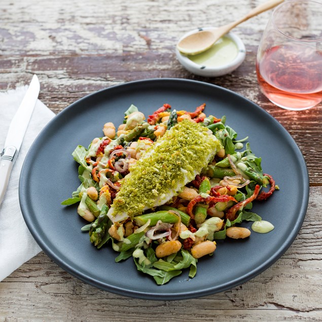 Basil Crusted Fish with White Bean and Asparagus Saute