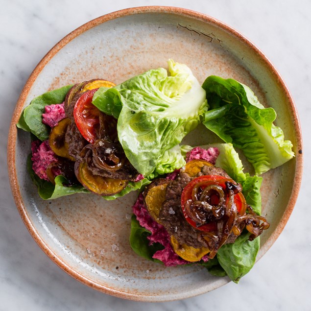 Bunless Burgers with Beetroot Feta and Caramelised Onions