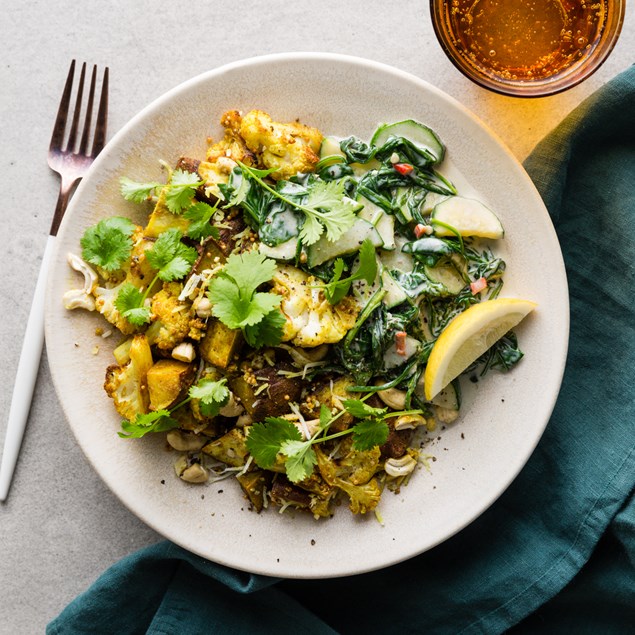Curried Cauliflower With Cashew Coconut Crumble