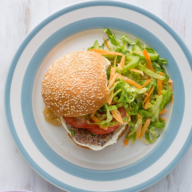 Pork and Apple Burgers with Creamy Slaw and Pear Sauce
