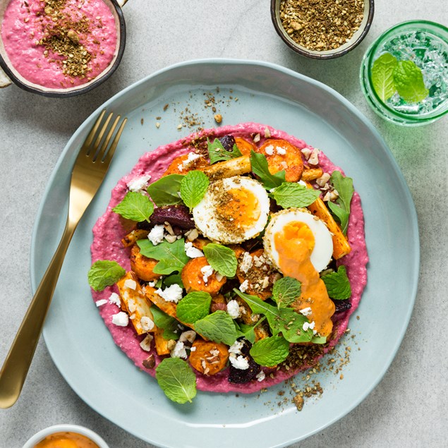 Warm Romesco Salad with Dukkah Eggs & Beetroot Hummus
