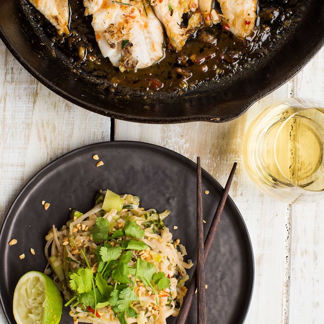 Thai-Glazed Fish with Vegetable Pad Thai