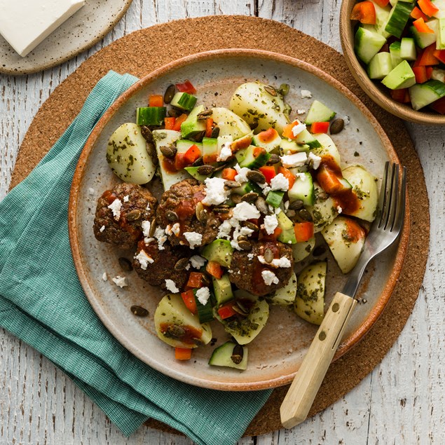 Mexican Beef Meatballs with Zesty Herb Potatoes & Avocado Salsa