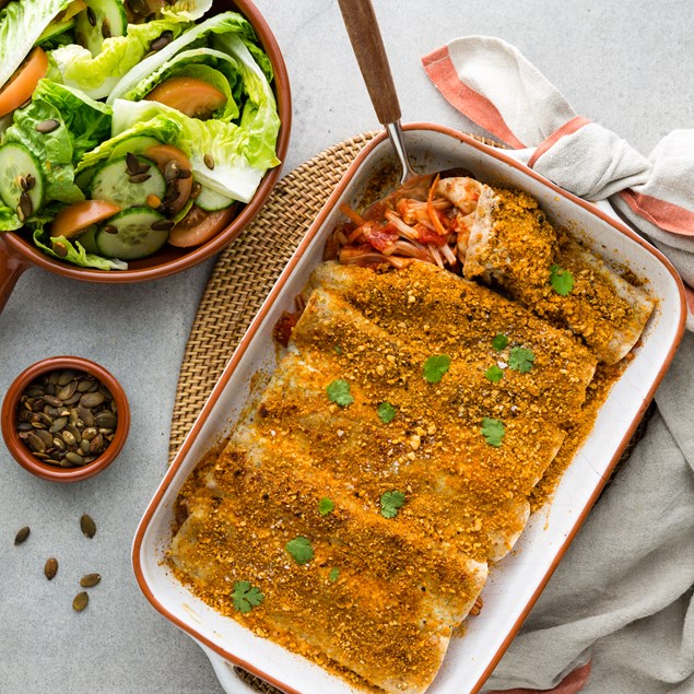BBQ Jackfruit Enchiladas With Smoky Nut Crumble
