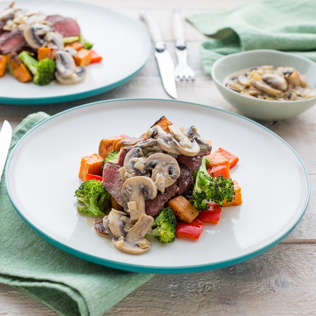 Beef Rump with Creamy Mushroom Sauce and Kumara Roasties