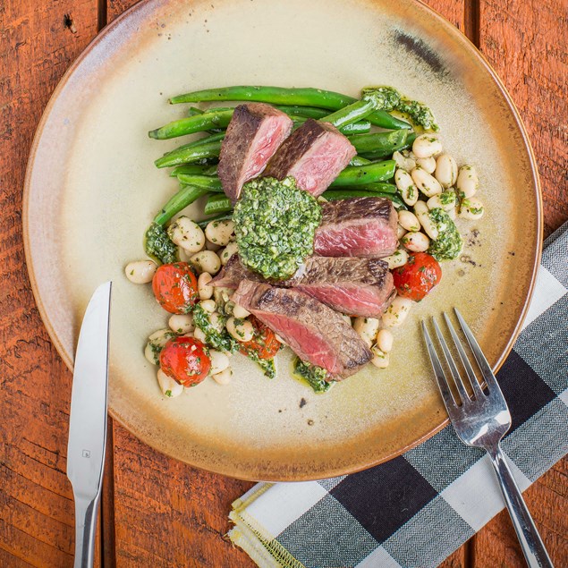 Beef with Salsa Verde, Scorched Cherry Tomatoes and Beans