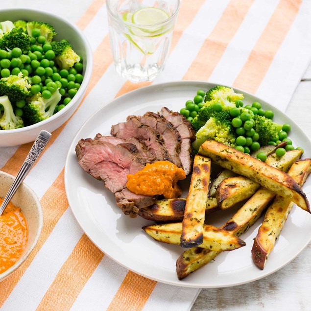 Pan-Roasted Lamb with Kumara Chips and Sundried Tomato Pesto Mayo