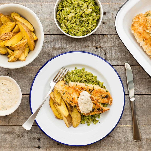 Lemon Crumbed Fish with Potato Wedges and Broccoli Pea Smash