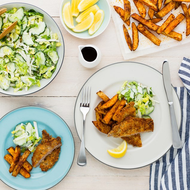 Parmesan Crumbed Schnitzel with Smoky Chips