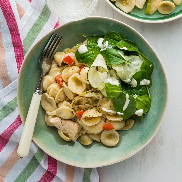 Creamy Chicken Pasta with Spinach & Feta Salad 