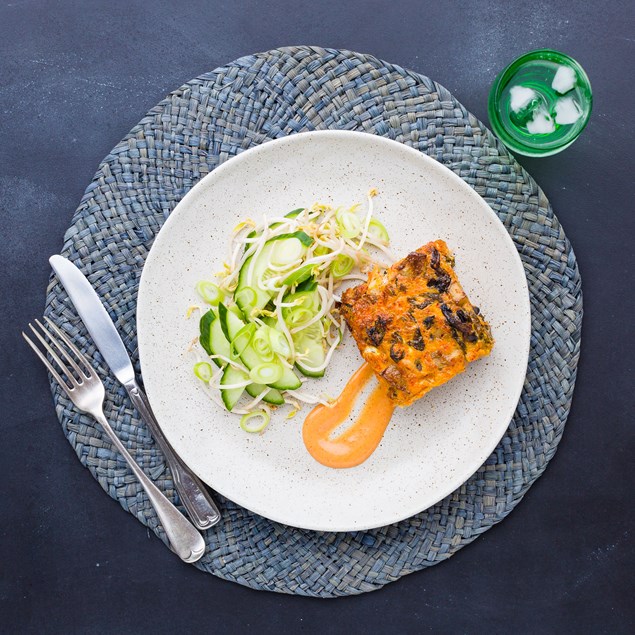 Potato and Mushroom Frittata with Kimchi and Gochujang Mayonnaise