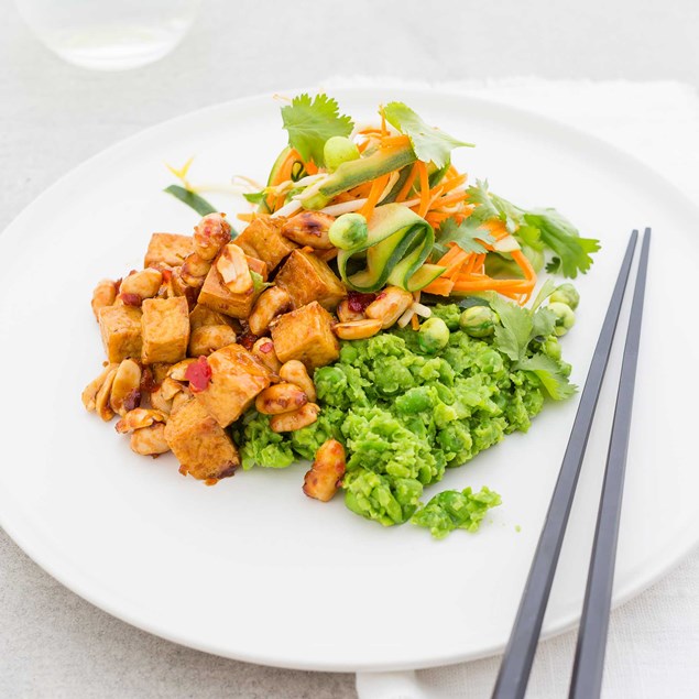Honey, Soy and Ginger-Glazed Tofu with Wasabi Pea Mash and Crunchy Salad