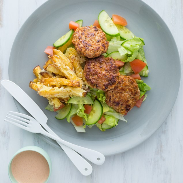 Mexican Pork Patties with Cheesy Oven Fries and Salad