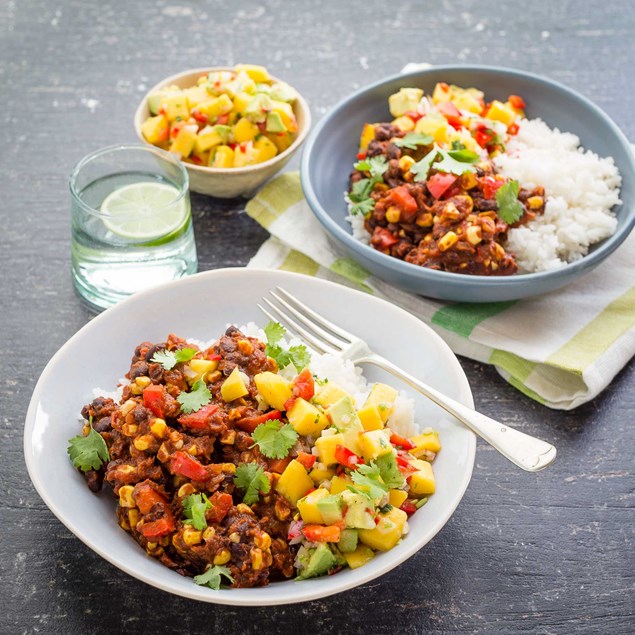 Spiced Black Beans with Coconut Rice and Mango Avocado Salsa