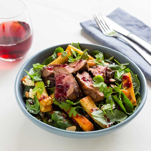 Spiced Lamb with Caramelised Vegetables, Feta and Spinach Salad and Currant Dressing