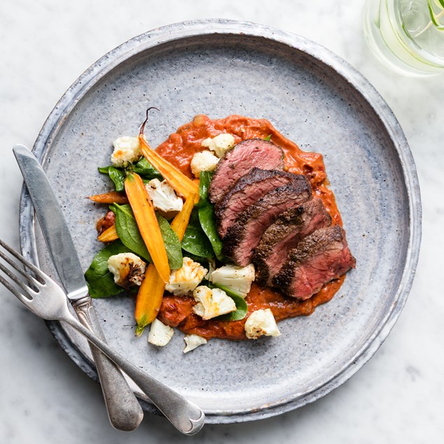 Merguez Beef with Harissa Roasted Vegetables