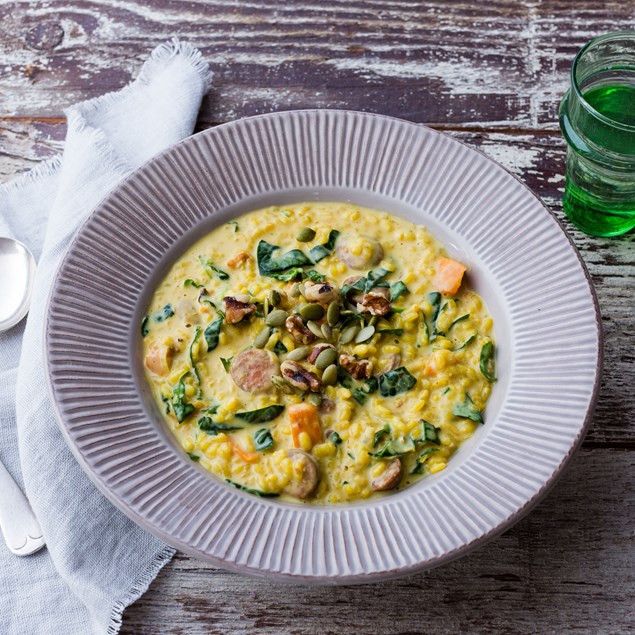 Chorizo and Saffron Risotto with Roasted Pumpkin and Walnuts