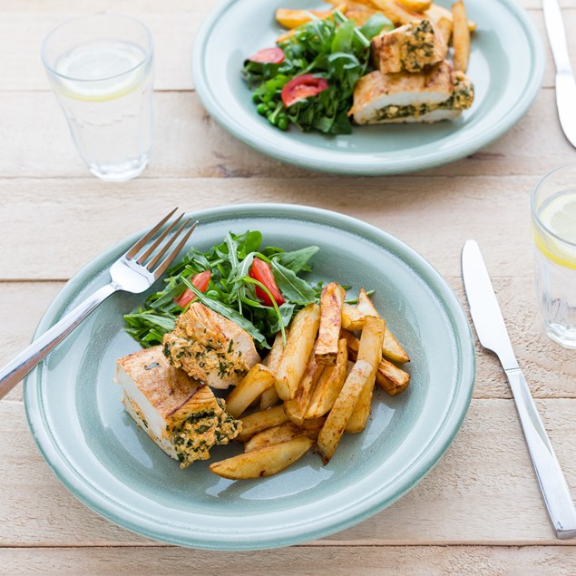 Stuffed Chicken Breast With Paprika Chips and Salad