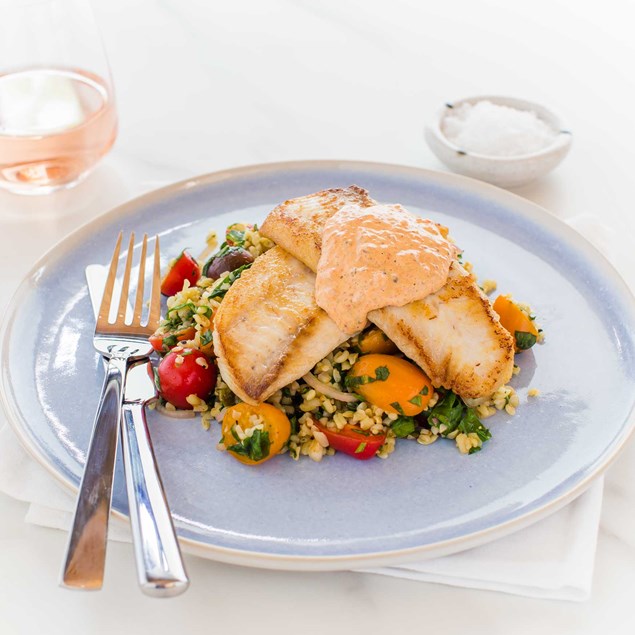Pan-Fried Fish with Bulgur Tomato Salad and Harissa Mayo