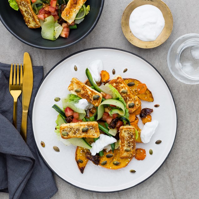 Dukkah Roasted Pumpkin Salad with Haloumi and Coconut Yoghurt