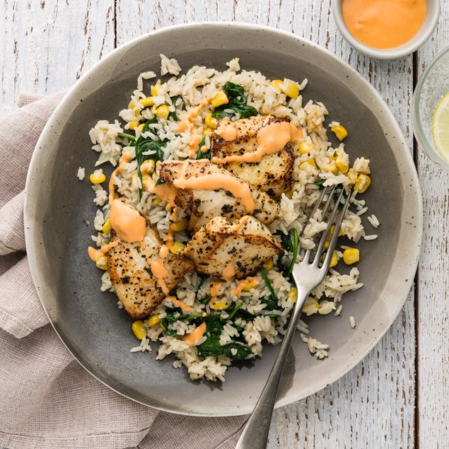 Lemon Pepper Fish with Rice and Smoked Tomato Aioli