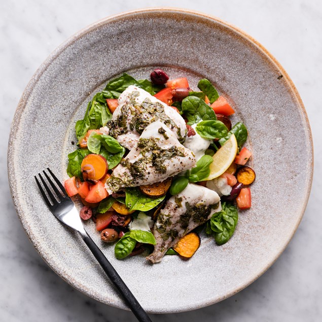 Gremolata Fish with Roasted Kumara and Tzatziki