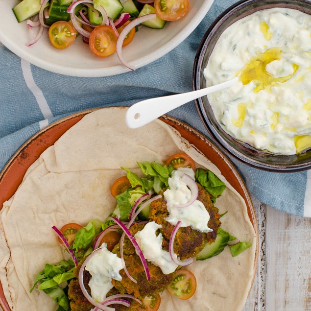 Falafel Souvlaki with Greek Salad and Feta Tzatziki