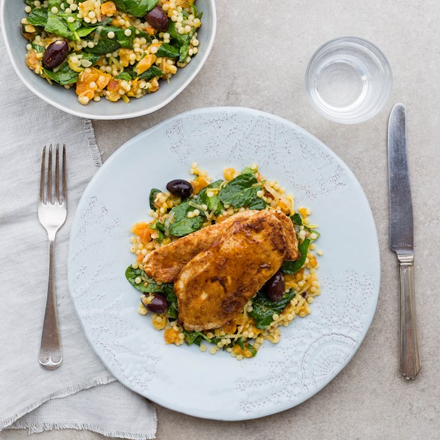 Moroccan Spiced Chicken with Apricot and Olive Pearl Couscous