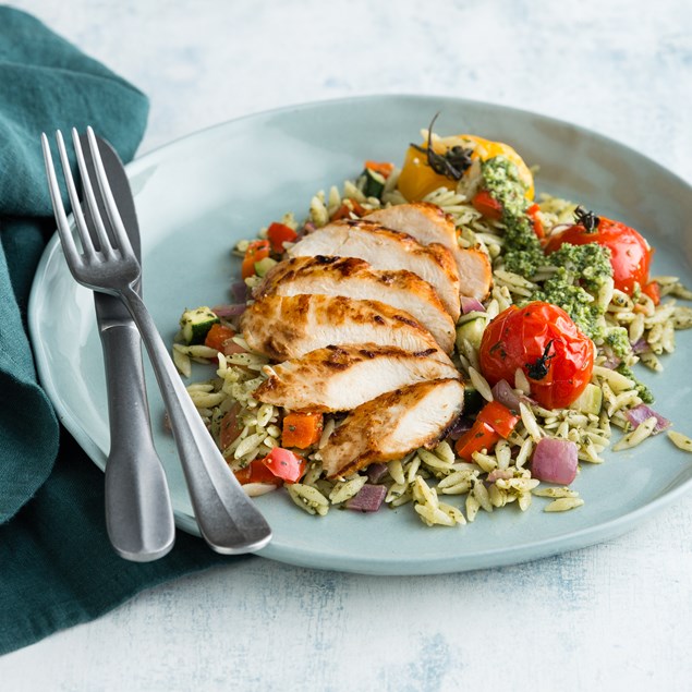 Lemon Grilled Chicken with Roast Vegetable and Pesto Orzo