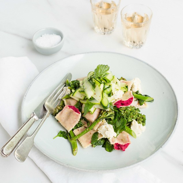 Beetroot Pansotti with Broccolini, Lemon Ricotta and Courgette Apple Salad
