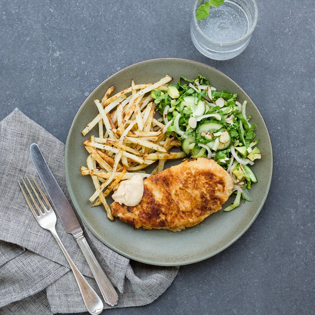 Chicken with Sesame Cucumber Salad and Togarashi Fries