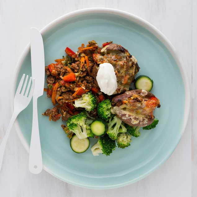 Loaded Beef Kumara Skins with Green Beans and Courgette