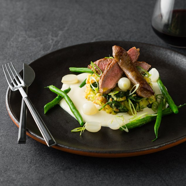 Grilled Lamb Fillets with Smoky Bacon Colcannon and Juniper Soubise