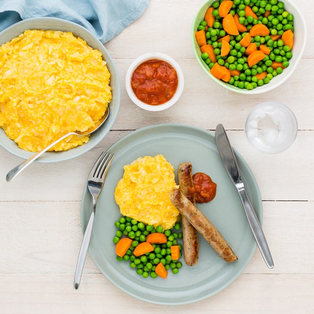 Italian Sausages with Potato, Pumpkin and Cauliflower Mash